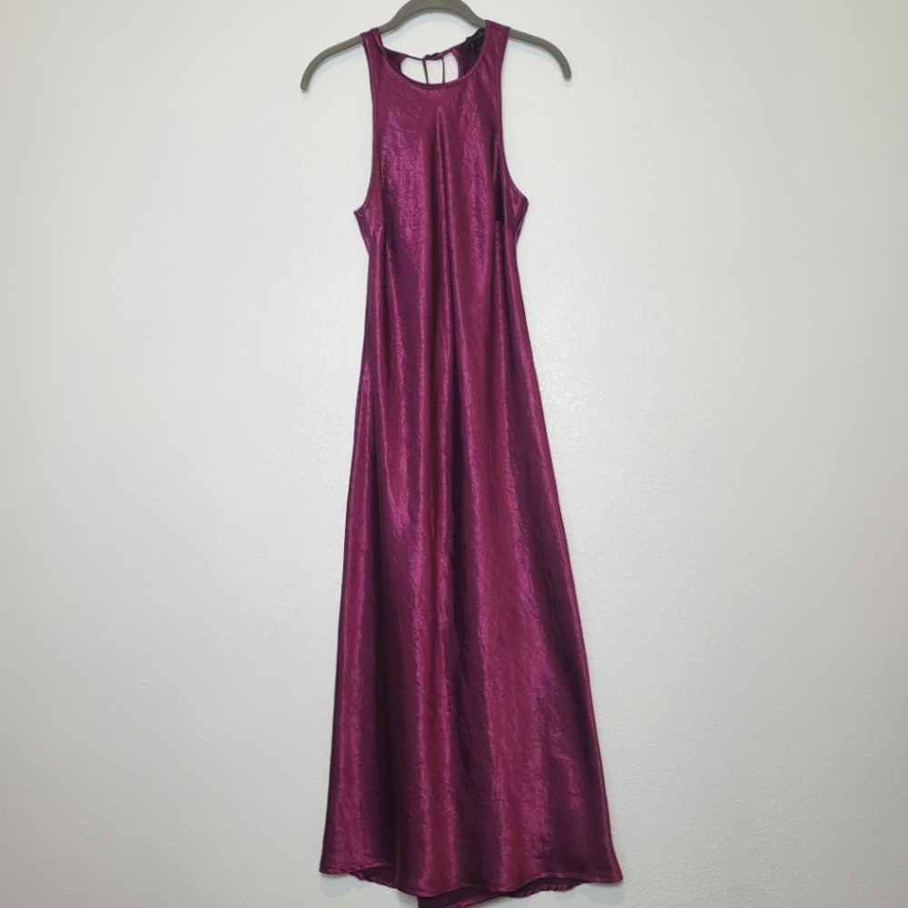 House Of Harlow 1960 Wine Satin Crinkled High-Neck Sleeveless Slip Dress - Picture 2 of 8